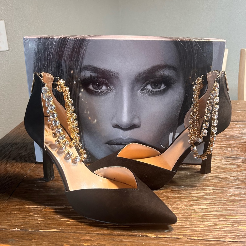 Jennifer Lopez Black Pointed Toe Heels with Gold Crystal Straps